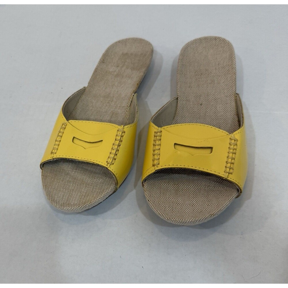 Lands End Sz 7M Yellow Patent Slip-On Slide Massage Sole Burlap Footbed Sandal - Picture 1 of 9